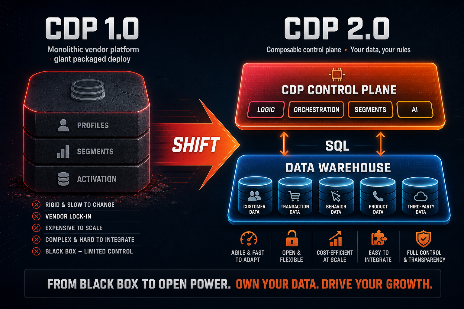 CDP 1.0 monolithic vendor platform versus CDP 2.0: data warehouse as the bottom layer with a CDP control plane above for logic and orchestration compiled to SQL.